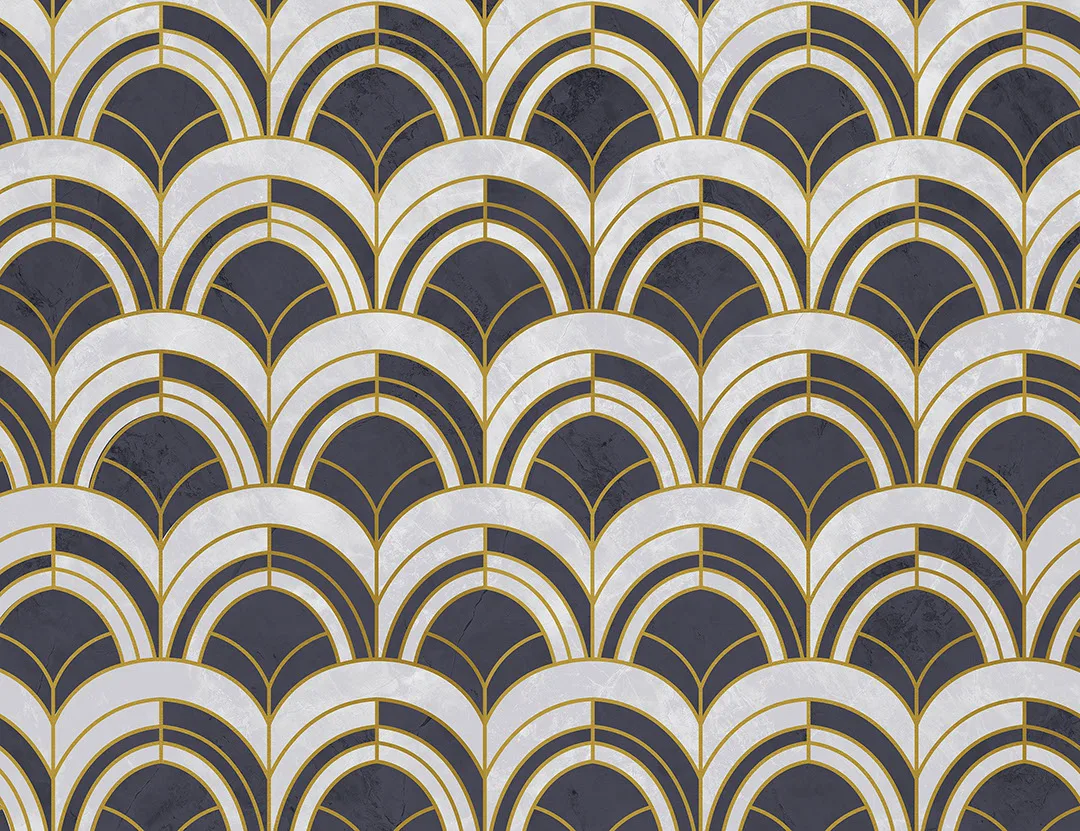 Navy blue and gray geometric Art Deco print patterned wallpaper
