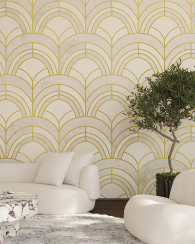 Gold and beige geometric Art Deco print patterned wallpaper for the living room