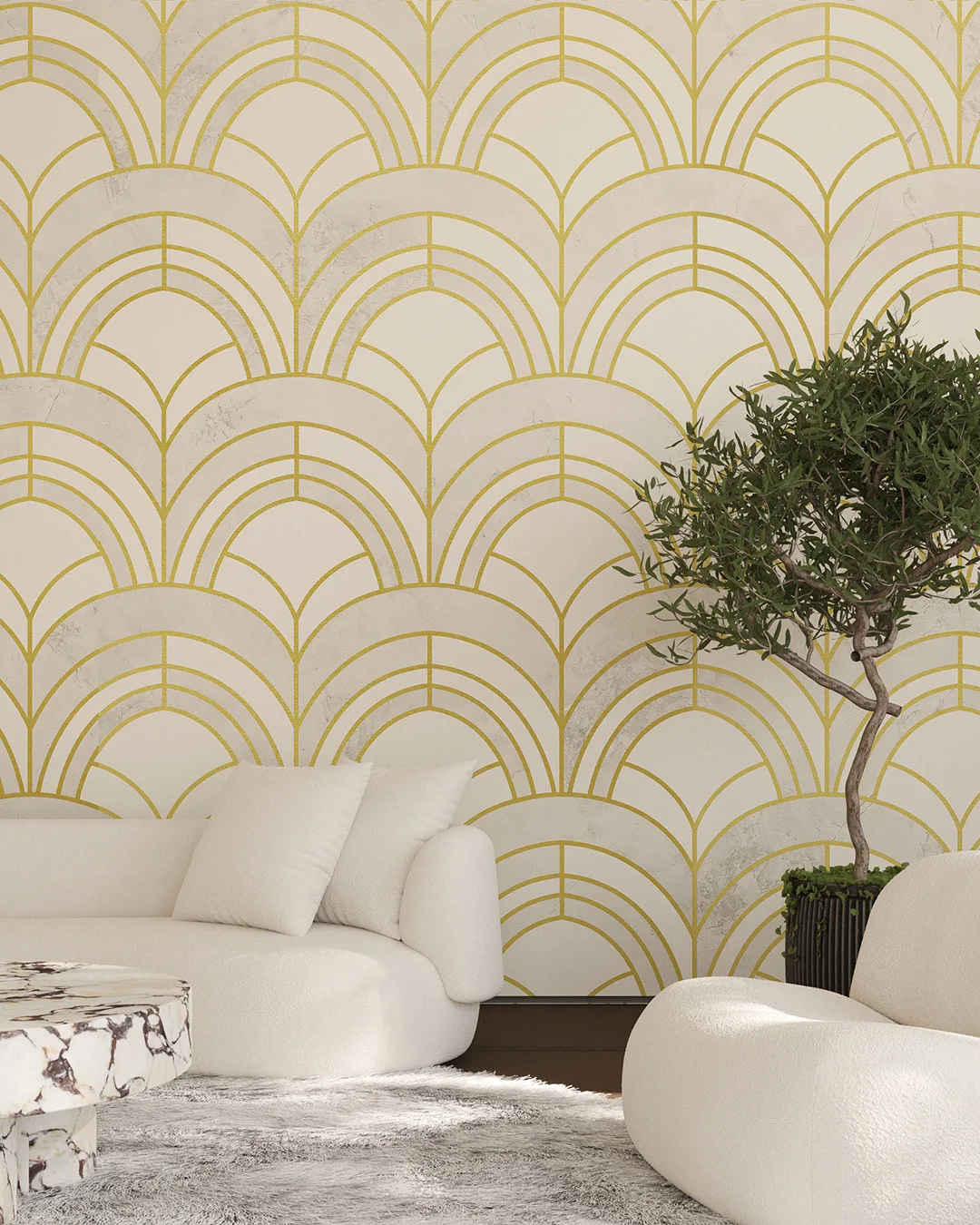 Wall Mural Genesis for the living room - kith2kin.com Gold and beige geometric Art Deco print patterned wallpaper for the living room