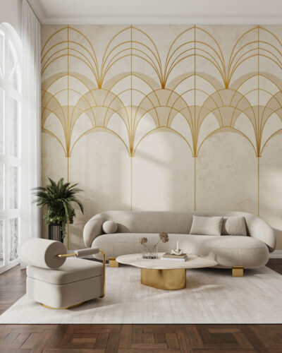 Gold and white elegant Art Deco arches wall mural for the living room