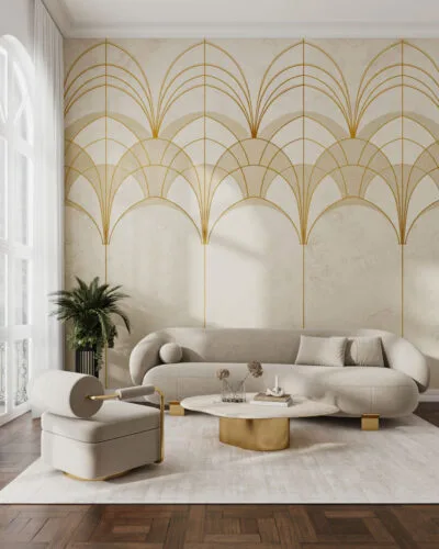 Gold and white elegant Art Deco arches wall mural for the living room
