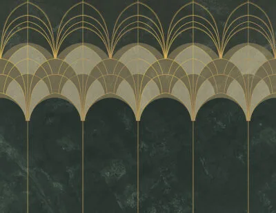 Gold and navy green elegant Art Deco arches wall mural