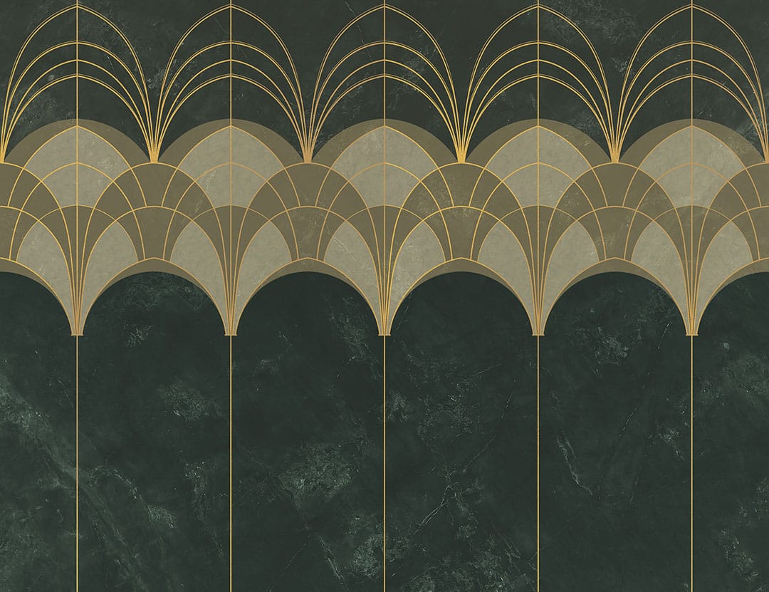 Gold and navy green elegant Art Deco arches wall mural