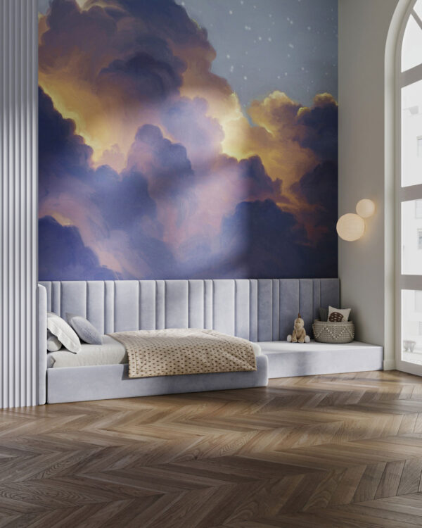 Fluffy clouds in the starry sky wall mural for a children's room