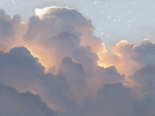 Fluffy clouds in the starry blue sky wall mural