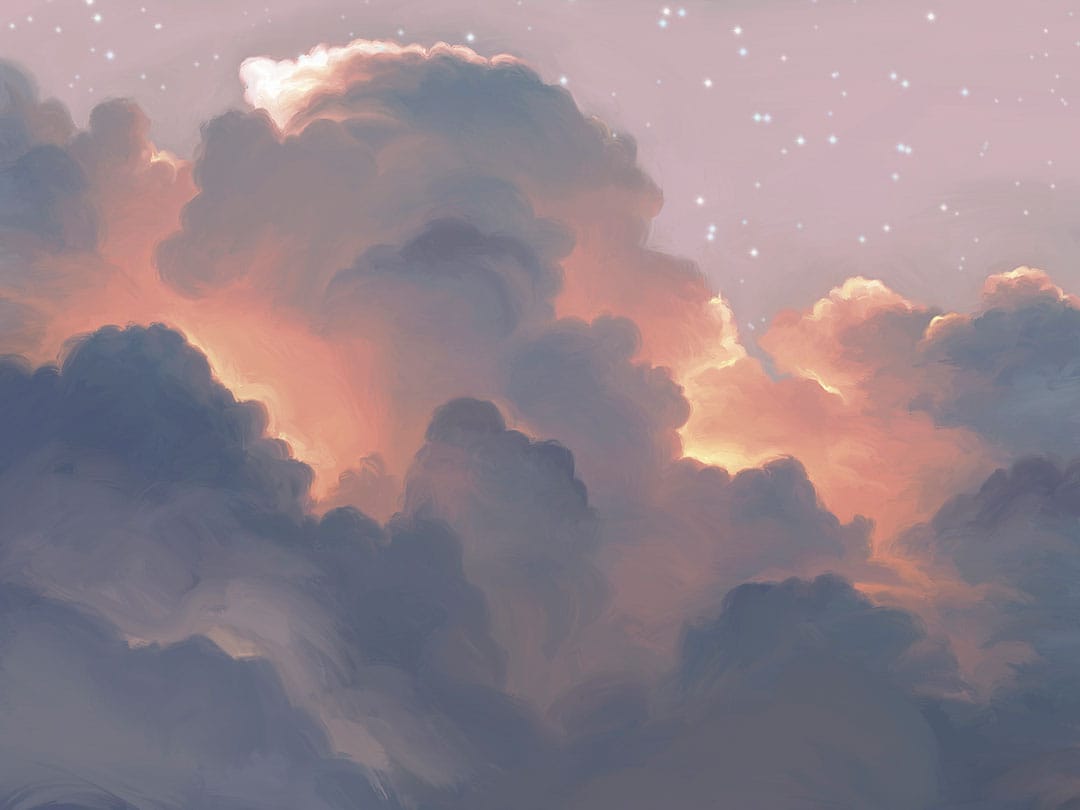Fluffy clouds in the starry pink sky wall mural