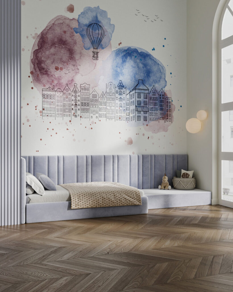 City outlines with delicate watercolor paint splashes wall mural for children's room
