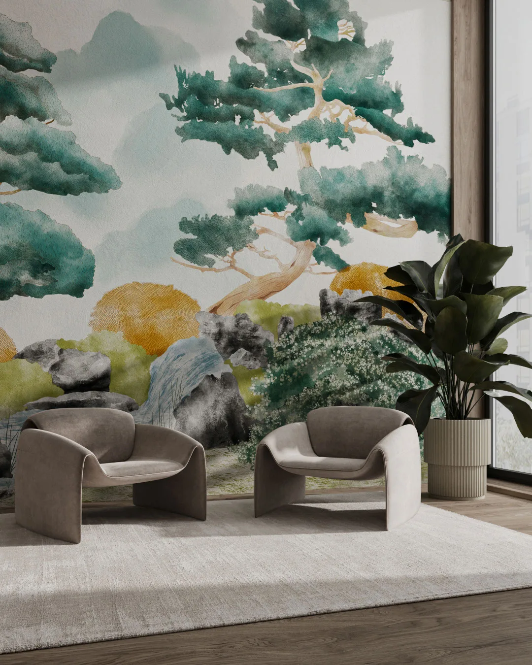 Foggy forest in dark green colors wall mural for the living room