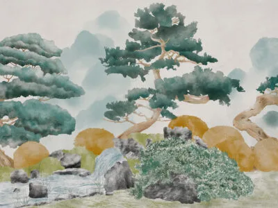 Foggy forest in dark green colors wall mural