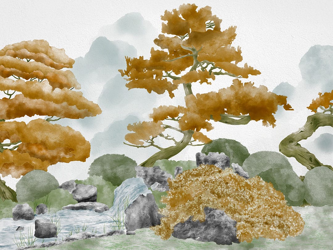 Foggy forest in orange colors wall mural