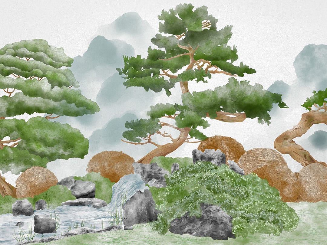 Foggy forest in green colors wall mural