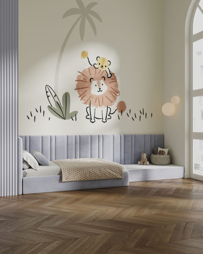 Lion with a lion cub in the tropics wall mural for a children's room
