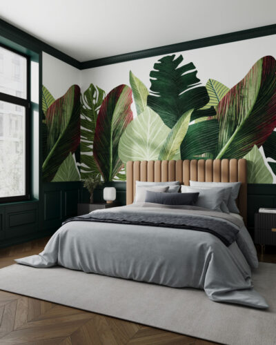 Maximalistic wall mural for the bedroom with detailed tropical leaves