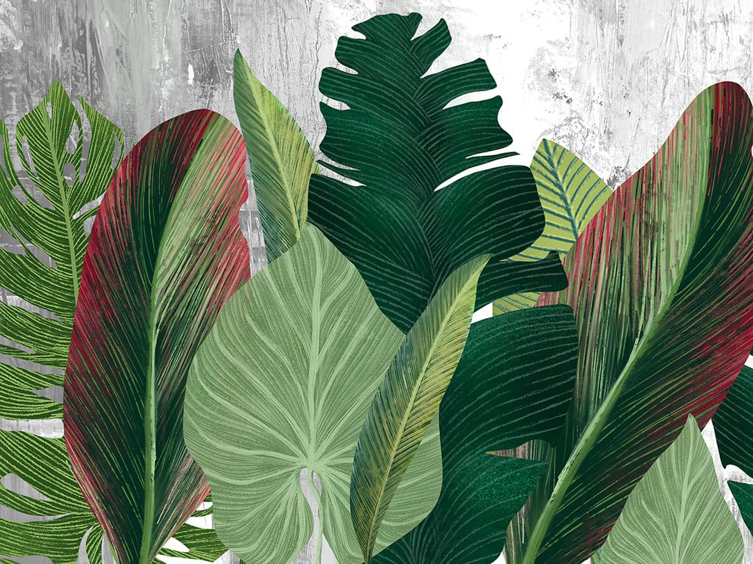Maximalistic wall mural with detailed tropical leaves on the textured background