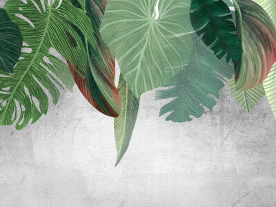 Overhanging tropical leaves on textured background wall mural