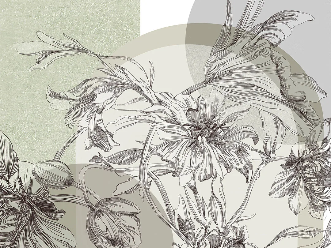 Tender lily flowers with gray and green geometric elements wall mural