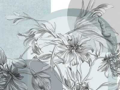 Tender lily flowers with blue geometric elements wall mural