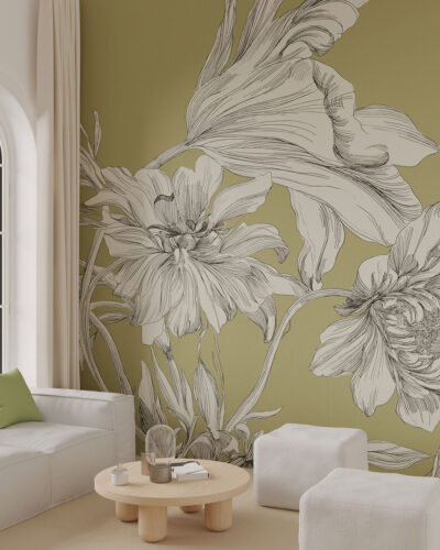 Maximalist-style wall mural for the living room with delicate flowers