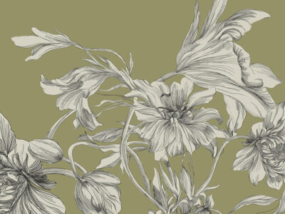 Maximalist-style wall mural with delicate flowers on a khaki background