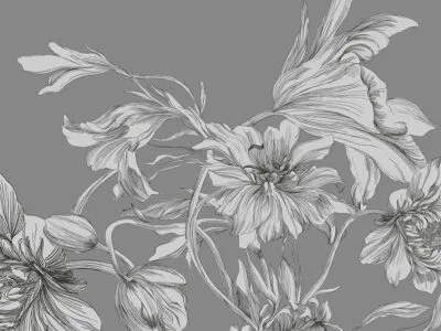 Maximalist-style wall mural with delicate flowers on a gray background
