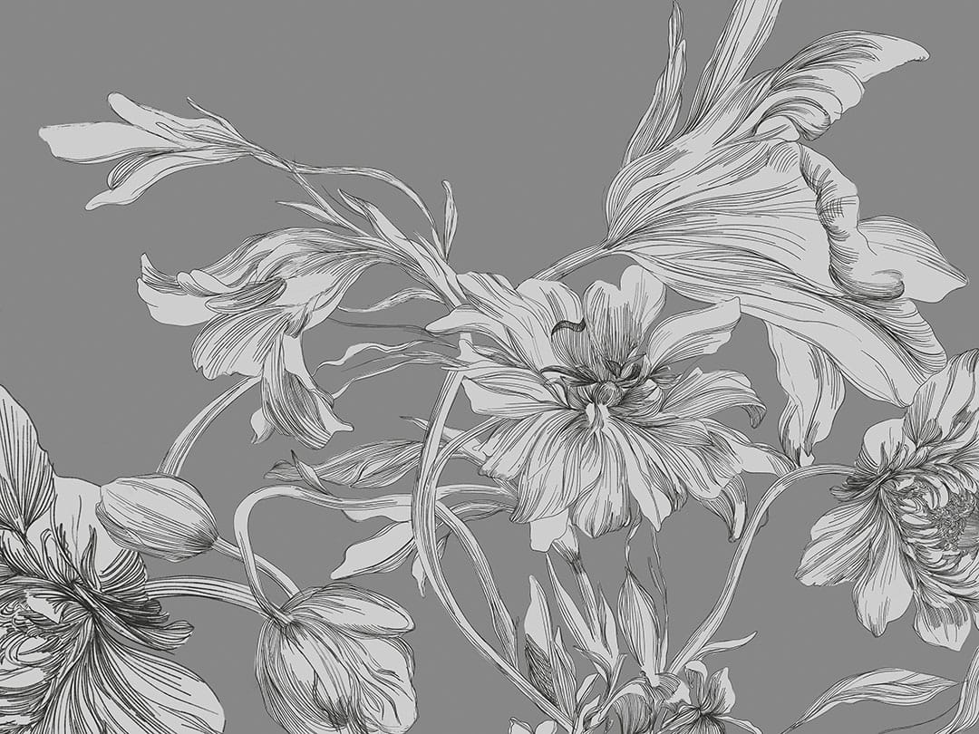 Maximalist-style wall mural with delicate flowers on a gray background