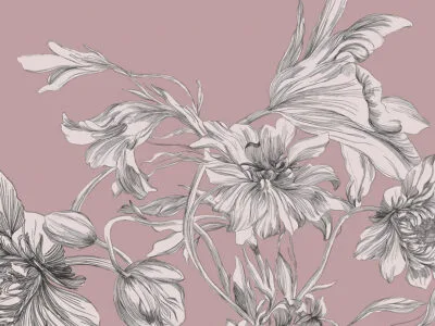 Maximalist-style wall mural with delicate flowers on a pink background