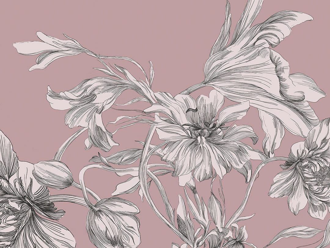 Maximalist-style wall mural with delicate flowers on a pink background