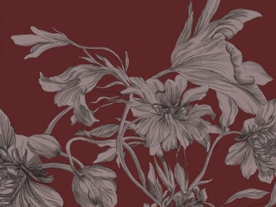 Maximalist-style wall mural with delicate flowers on a red background