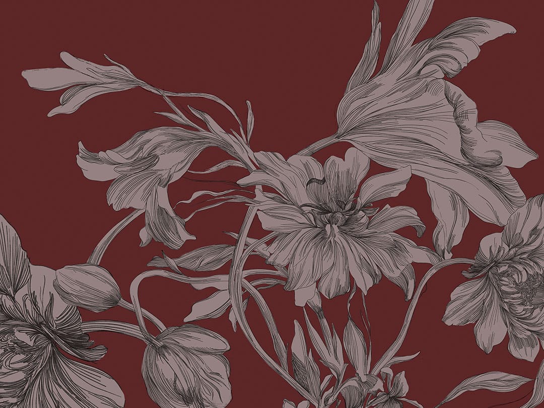 Maximalist-style wall mural with delicate flowers on a red background