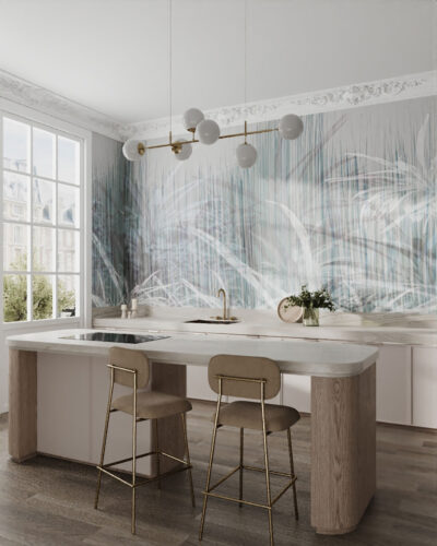 Tropical leaves with textured light-colored filter wall mural for the kitchen