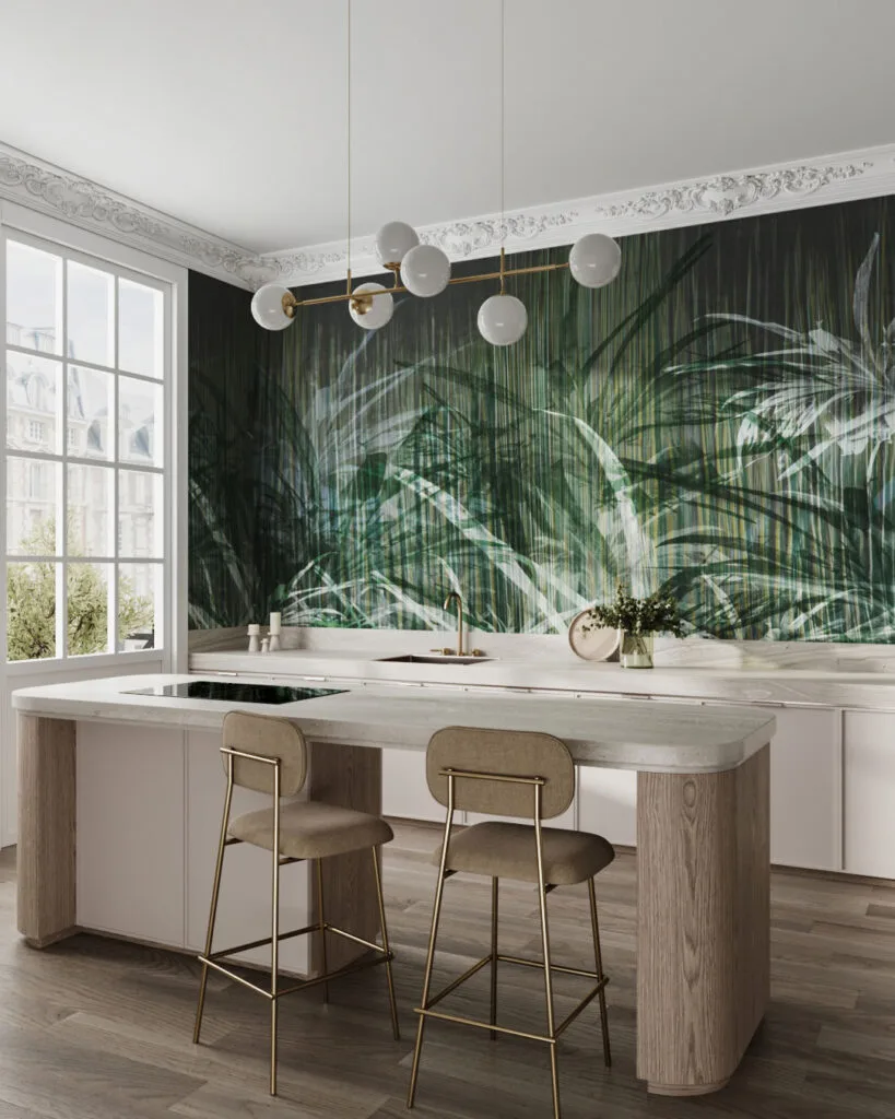 Wall Mural Сamouflage for the kitchen - kith2kin.com Tropical leaves with dark-green textured filter wall mural for the kitchen