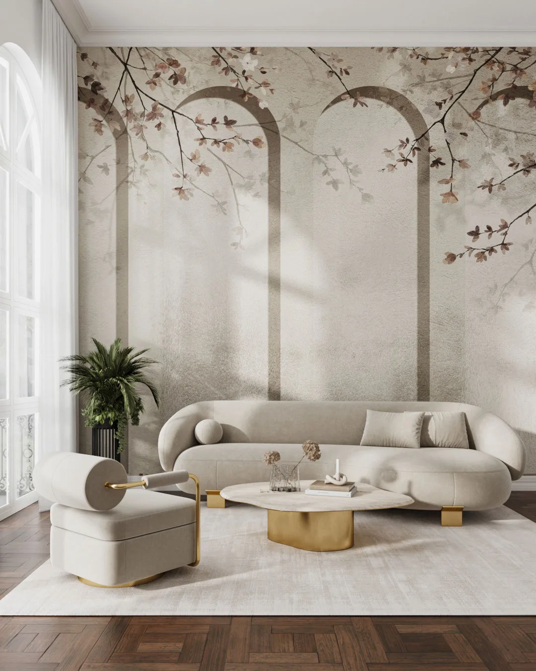 Wall Mural Fukuoka for the living room - kith2kin.com Geometric light art-deco arches with tender flowers wall mural for the living room