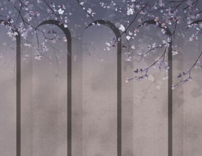 Geometric blue art-deco arches with tender flowers wall mural