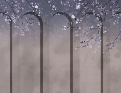 Geometric blue art-deco arches with tender flowers wall mural