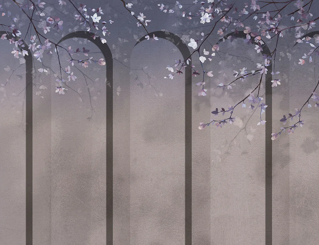 Geometric blue art-deco arches with tender flowers wall mural