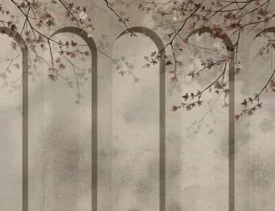 Geometric textured art-deco arches with tender flowers wall mural