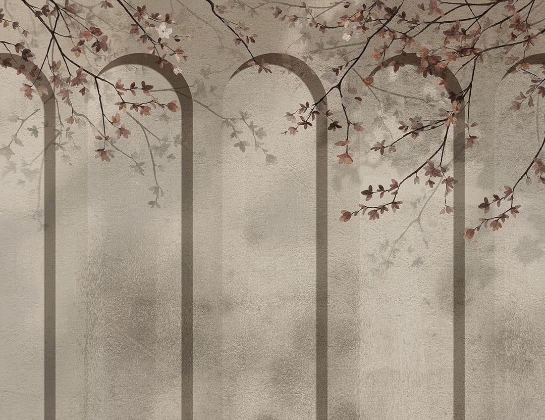 Geometric textured art-deco arches with tender flowers wall mural