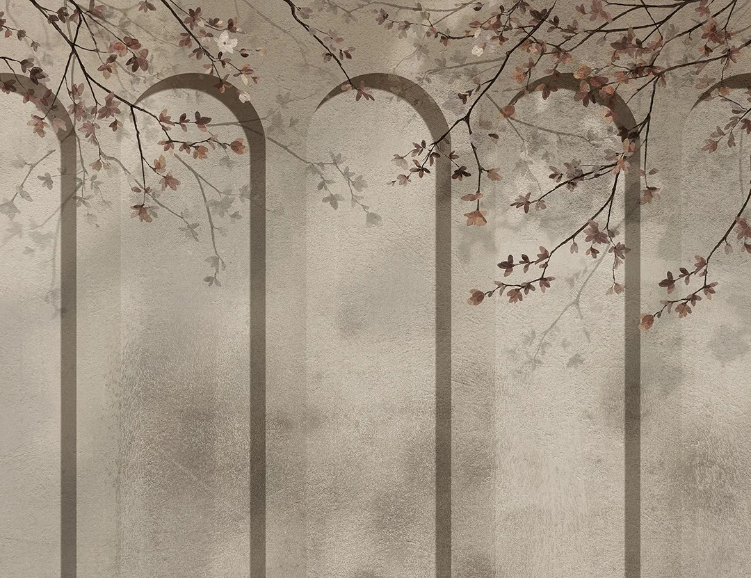 Geometric textured art-deco arches with tender flowers wall mural