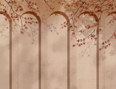 Geometric peachy art-deco arches with tender flowers wall mural