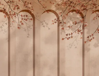 Geometric peachy art-deco arches with tender flowers wall mural