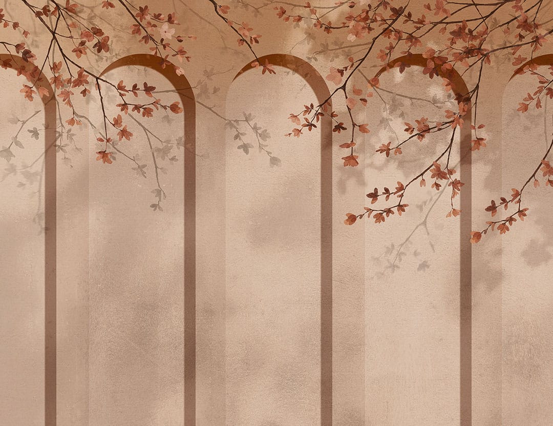 Geometric peachy art-deco arches with tender flowers wall mural