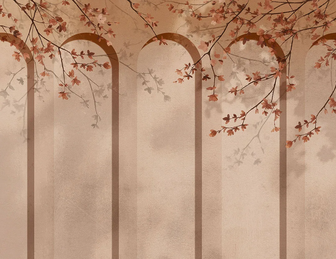 Geometric peachy art-deco arches with tender flowers wall mural