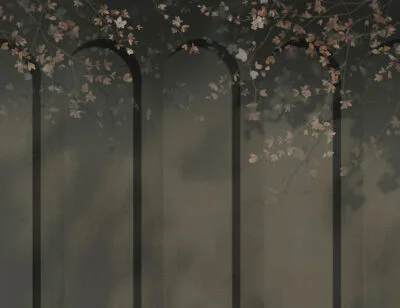 Geometric gray art-deco arches with tender flowers wall mural