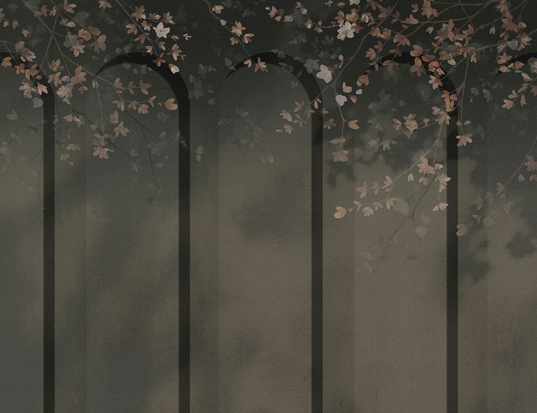 Geometric gray art-deco arches with tender flowers wall mural
