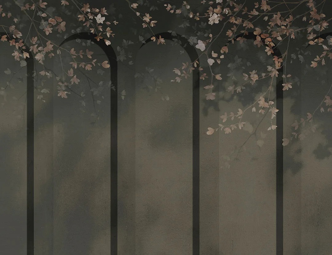 Geometric gray art-deco arches with tender flowers wall mural