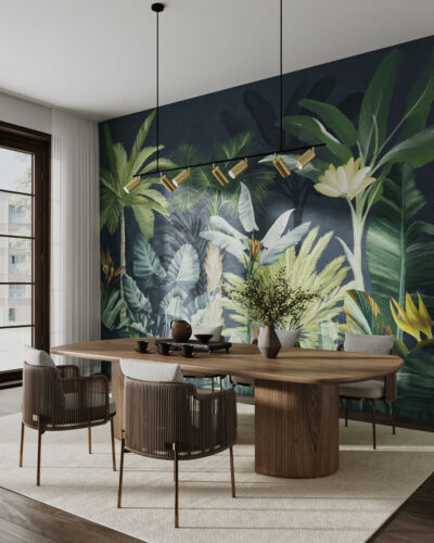 Tropical botanical leaves and palm trees in dark colors wall mural for the dining room