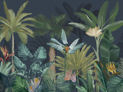 Tropical botanical leaves and palm trees on the dark background wall mural