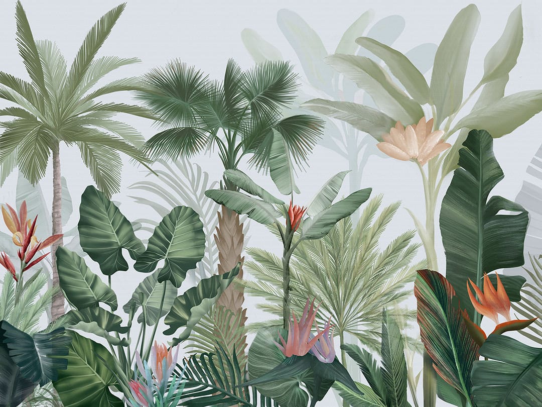 Tropical botanical leaves and palm trees on the light background wall mural