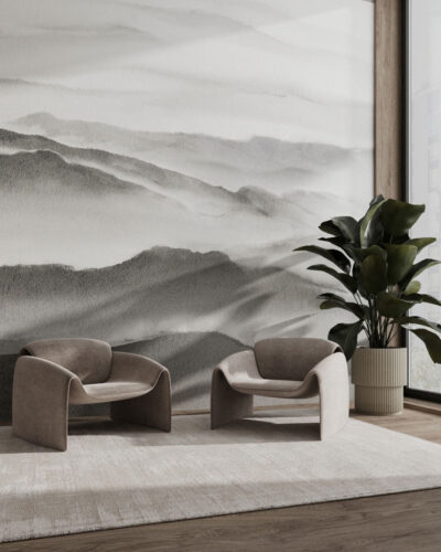 Watercolor mountains in the fog wall mural for the living room