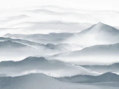 Watercolor blue mountains in the fog wall mural
